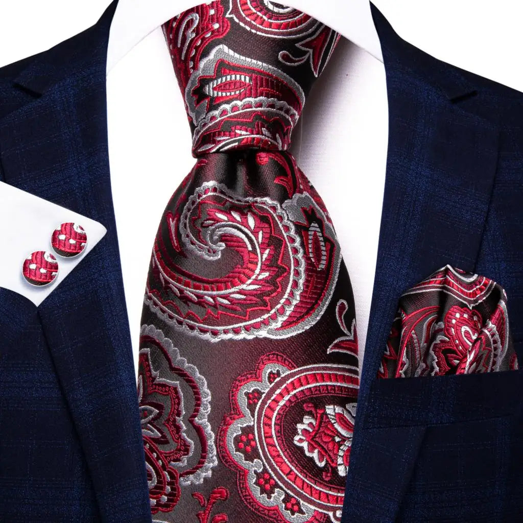 Hi-Tie Designer Red Burgundy Plaid Silk Wedding Tie For Men Handky Cufflink Gift Mens Necktie Fashion Business Party Dropshiping