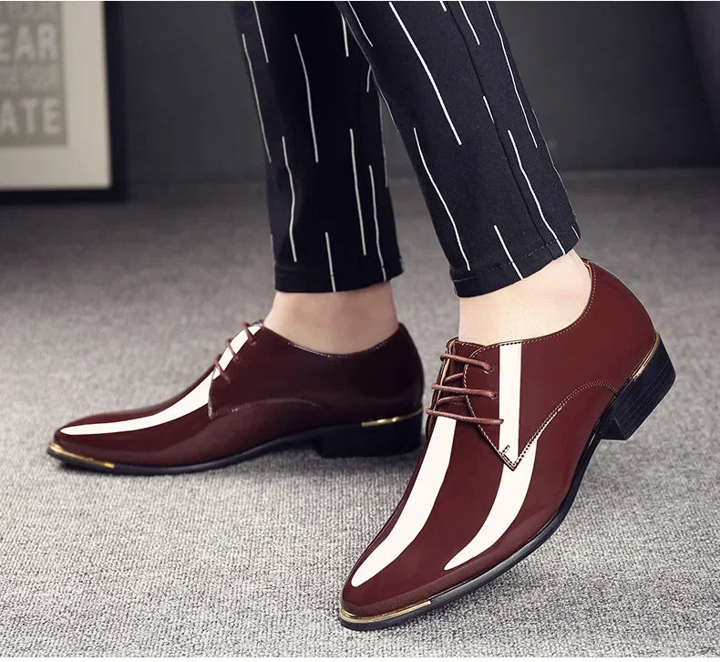 2024 New Men’s Patent Leather Shoes British Style Men's Dress Shoes Lace Up Pointed Toe Wedding Business Party Social Shoe Male
