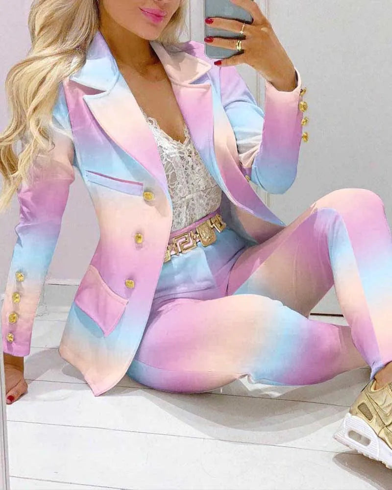 Fashion Butterfly Print Blazer Suit and Pants Two Piece Set for Women 2023 Autumn Winter Outfit Office Lady Casual Clothing