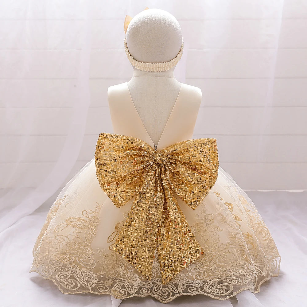 Gold Bow Flower Baby Dress for Girls Christmas Costumes 1st Birthday Party Princess Dresses Wedding Formal Evening Kids Clothing