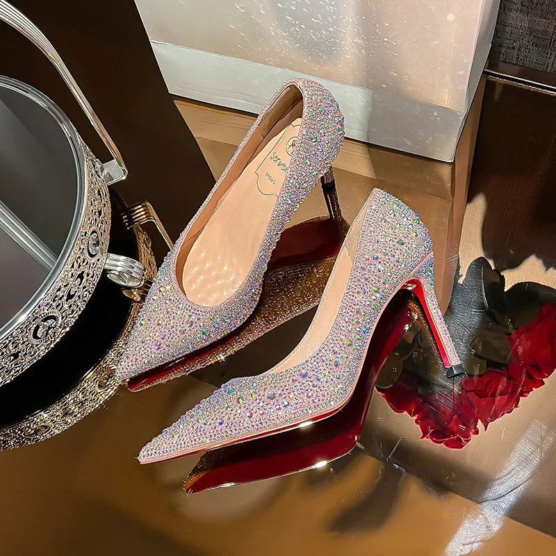 High Heels 2024 Summer New Fashion Versatile Black Rhinestone Single Shoe Red Sole Slim Heel Temperament Women's Shoes