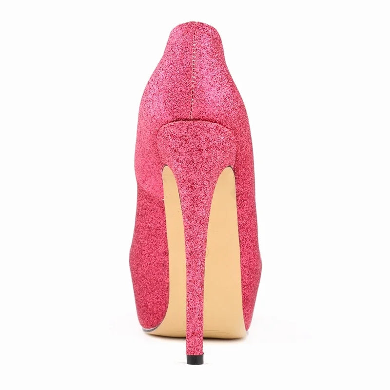 LOSLANDIFEN Sexy Women Pumps Ultra High Heels Glitter Gold Shoes 14cm Platform Round Toe Ladies Wedding Party 817-1Gitter