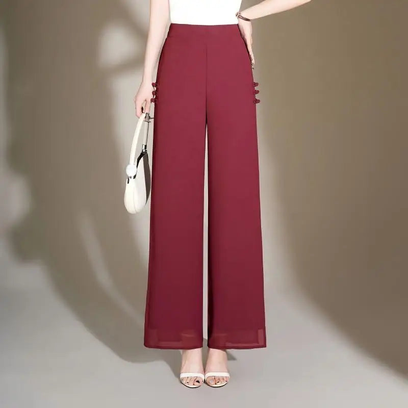 ZUZK Slit Chiffon Long Pants Summer Comfortable Elastic Waist Slim Double Layer Chiffon Pants Chic Droop Chinese Style Pants