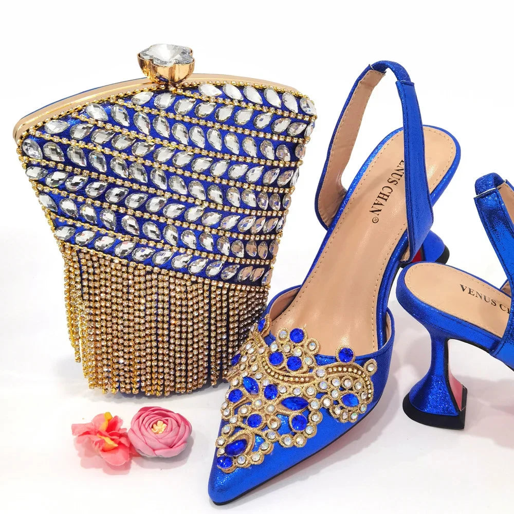 2024 Gold New Shoes For Women Designer Pointed-Toe Luxury Wedding Peach Color Hollowed Out Design Bag and Shoes Matching Set