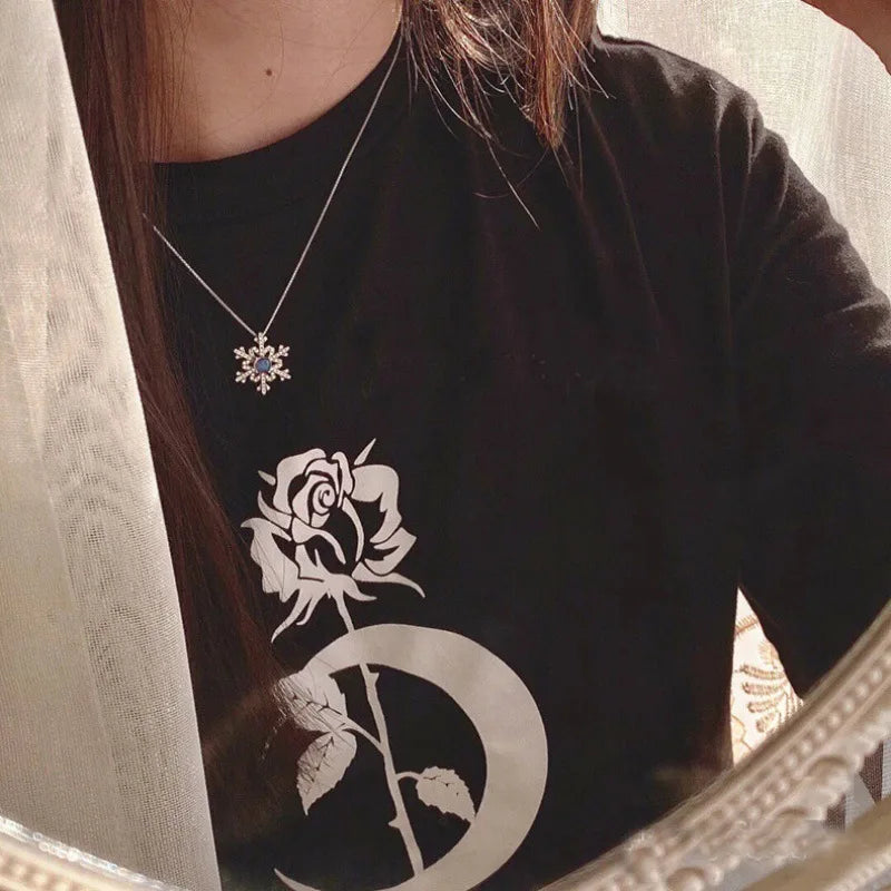 women girl famous moonstone snowflake necklace, female student chain necklace jewelry