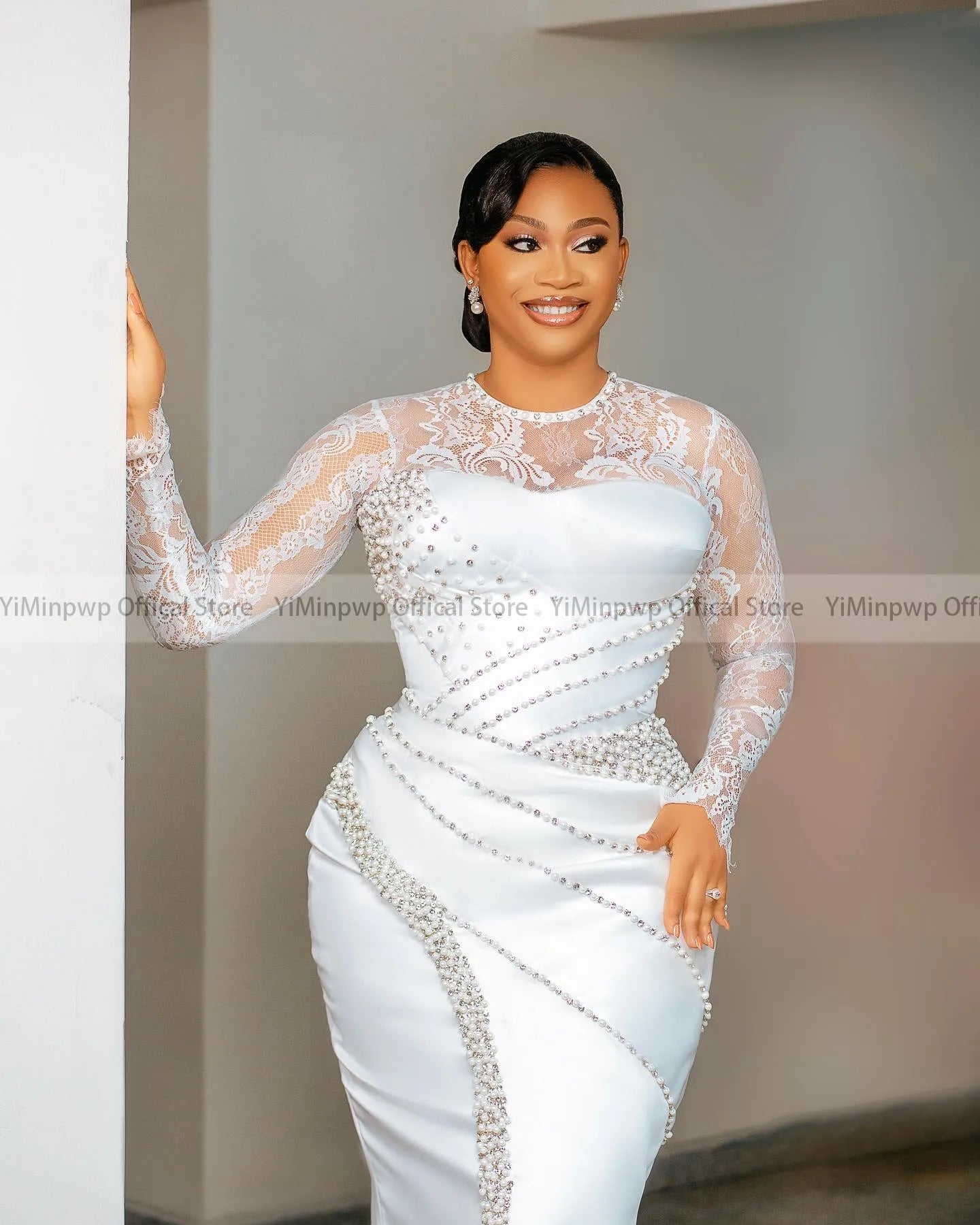 Civil Wedding Dresses for Bride O Neck long Sleeve Tea Length Lace Pearls Beads Aso Ebi Birdal Gowns Robes de mariee Customized