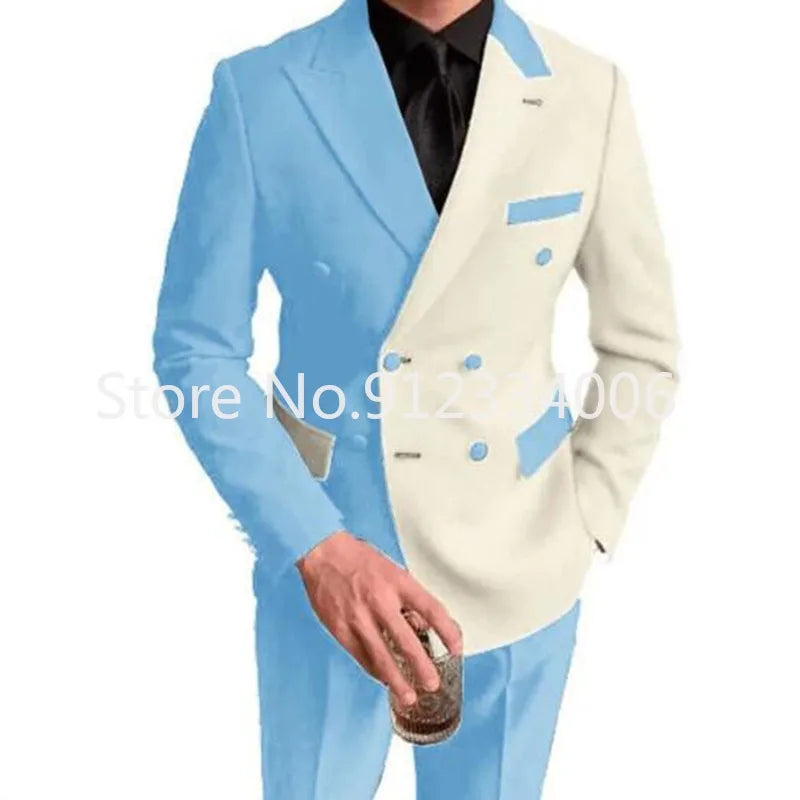 Elegant Black White Men Suit Slim Fit Peak Lapel Double Breasted 2 Piece Formal Groom Wedding Tuxedos Blazer+Pants Costume Homme