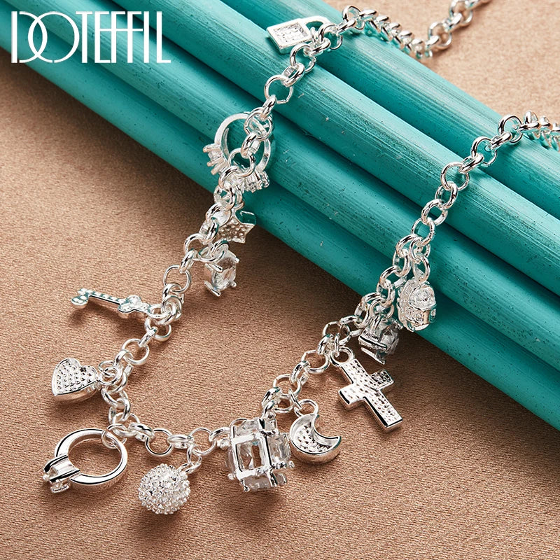 DOTEFFIL 925 Sterling Silver Heart Ball Cross Star Pendant Necklace Bracelets Set For Women Wedding Engagement Jewelry