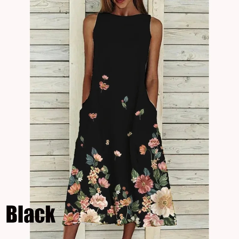 2023 Summer Women Clothing Fashion Elegant Sleeveless Print A-Line Dress Round Neck Casual Party Dresses Girls Sweet Dress
