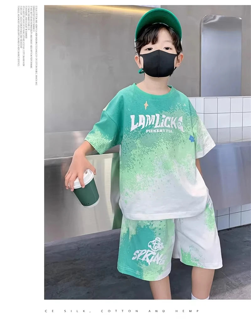 Boys' summer fashion casual sports 2-piece T-shirt+pants suitable for boys' hip-hop style fashion clothing set, lightweight and