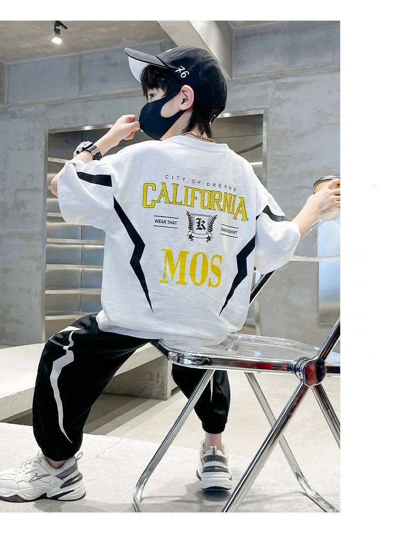 Summer Boys Cotton Alphabet Lightning T-Shirt Tops+Sweatpant School Kids 2PCS Tracksuit Child Jogger Outfit Workout Set 5-14 Yr