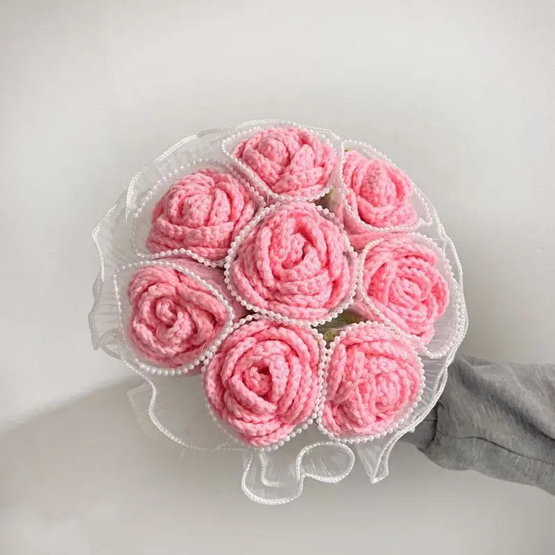Handmade Knitted Crochet Artificial Rose Bouquet DIY Material Pack Wedding Decoration Bride Holding Flowers Valentine's Day Gift