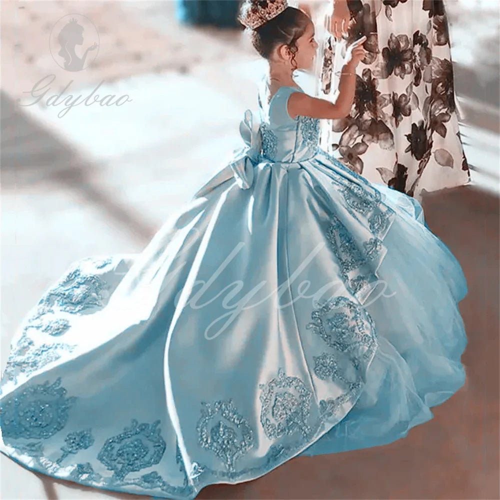 High Quality First Communion Dresses Kids Evening Ball Gown Gold Applique Bow Girls Pageant Dress Satin Tulle Flower Girl Dress