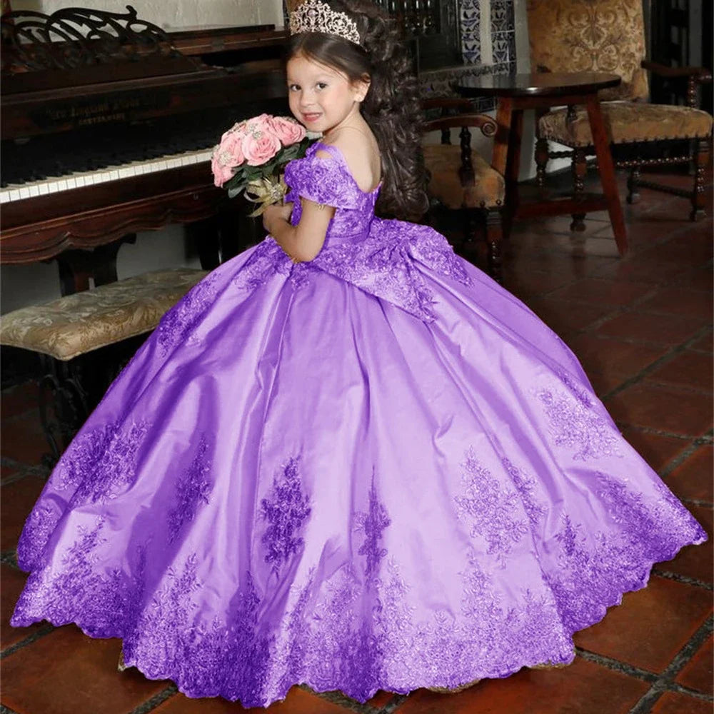 Luxury Golden Applique Full Ball Princess Wedding Party Flower Girl Dress Off The Shoulder Floor Length First Communion Gown New