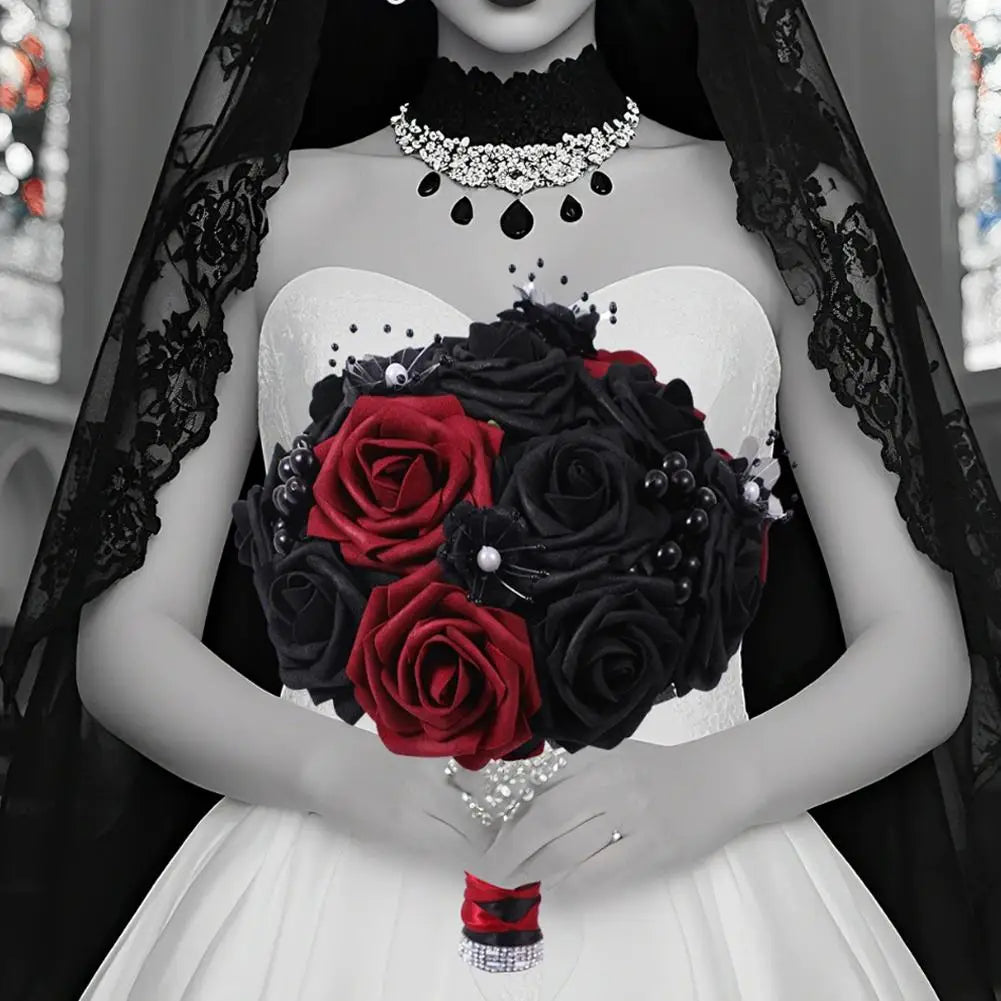 Yannew Black Burgundy Gothic Bridal Bouquets for Bride Bridesmaids Artifiicial Silk Foam Roses Flower Wedding Bouquet Halloween