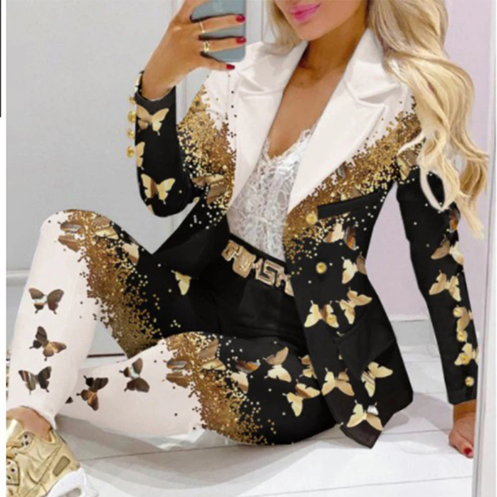 Fashion Butterfly Print Blazer Suit and Pants Two Piece Set for Women 2023 Autumn Winter Outfit Office Lady Casual Clothing