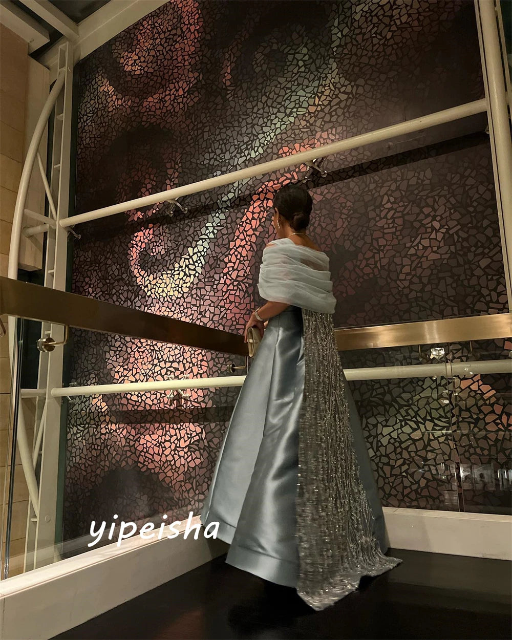 Customized Elegant Off-the-shoulder A-line Celebrity Dress Beading Paillette / Sequins Tulle Charmeuse Evening