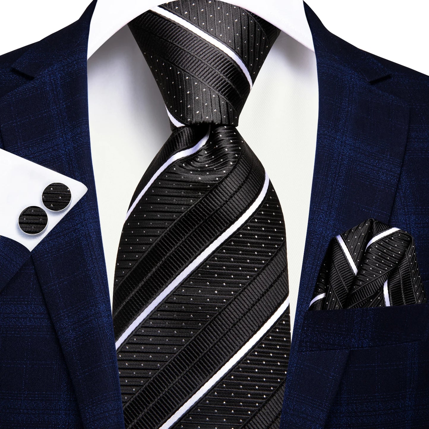 Hi-Tie Striped Black Purple Red Green Men Elegant Necktie Hanky Cufflinks for Tuxedo Fashion Classic Silk Luxury Tie for Man
