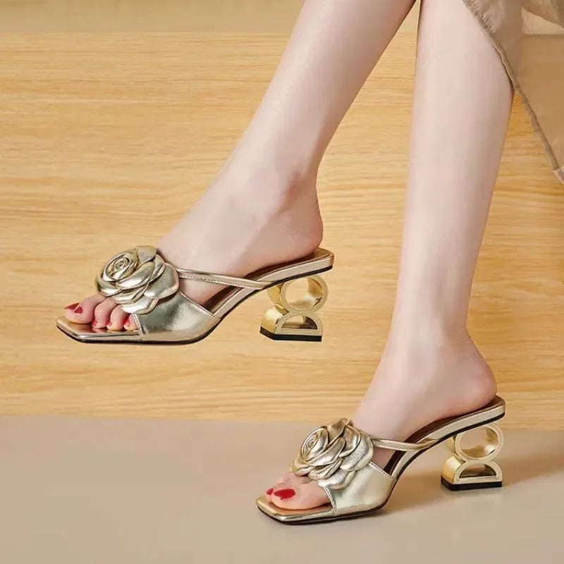 Women Shoes 2025 New Summer Big Size 34-42 Fashion Flowers Black Beige Gold Dress Party Wedding Female Sandals Shoes