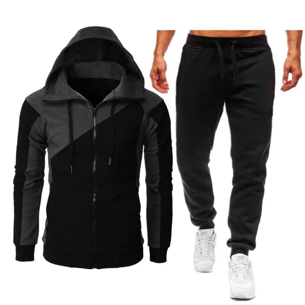 Men's Sets, Athletic two-tone patchwork jacket, long sleeves and long pants, hooded casual sports men's suit
