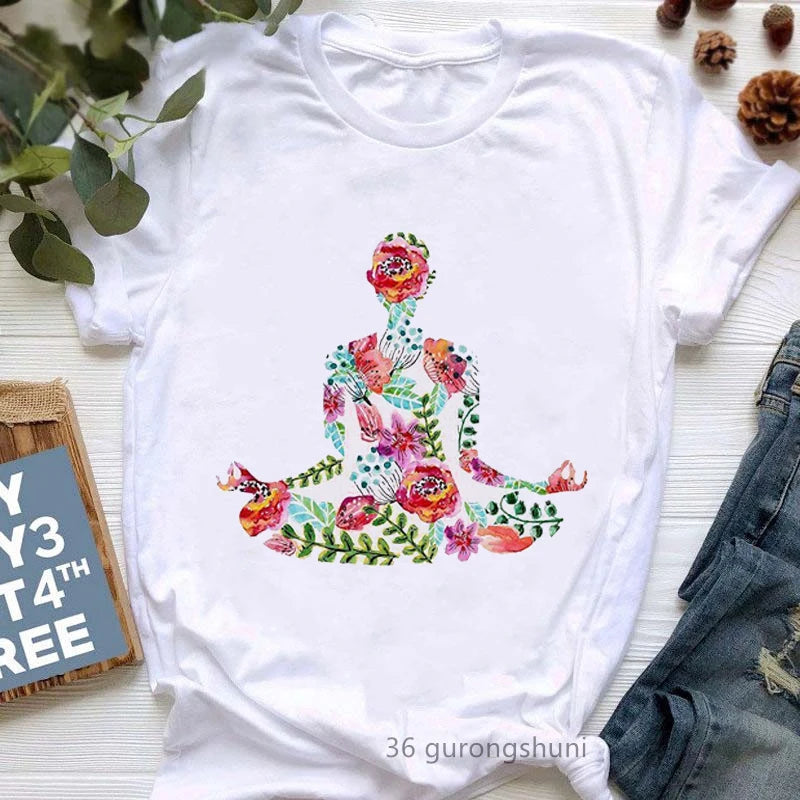 Newest Yoga Tree Print Tshirt Girls Summer Fashion Short Sleeve T Shirt Women Buddha Chakra Meditation T-Shirt Female Wholesale