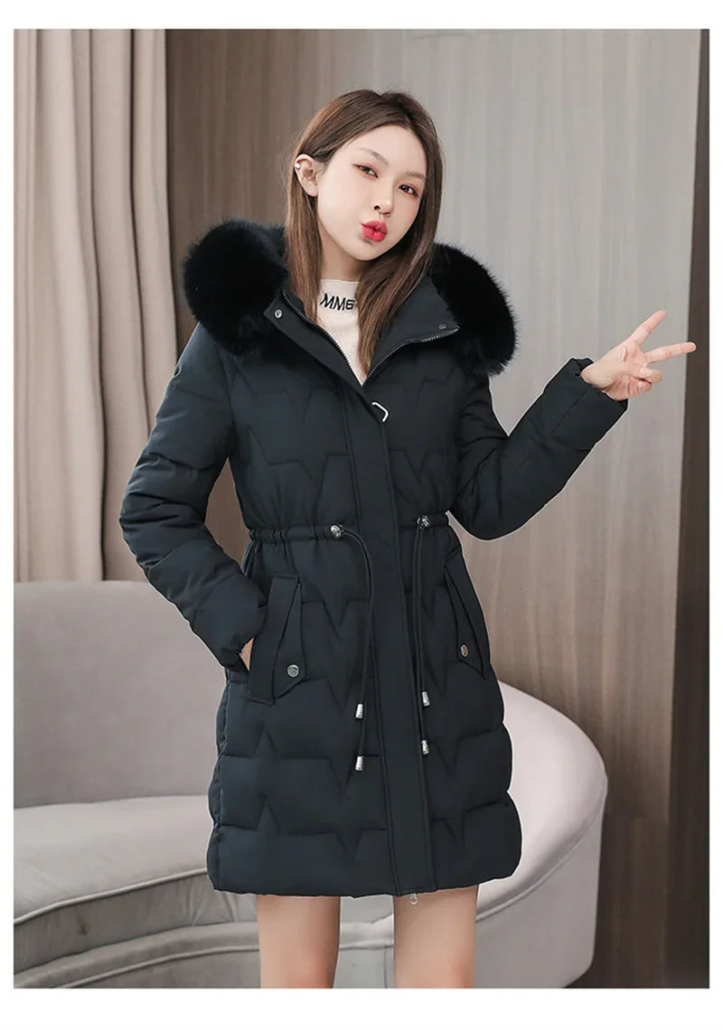 2025 New Winter Women Parka Fur Hooded Jackets Thicken Warm Cotton-padded Puffer Coat Casual Long Parkas Clothes Loose Outerwear