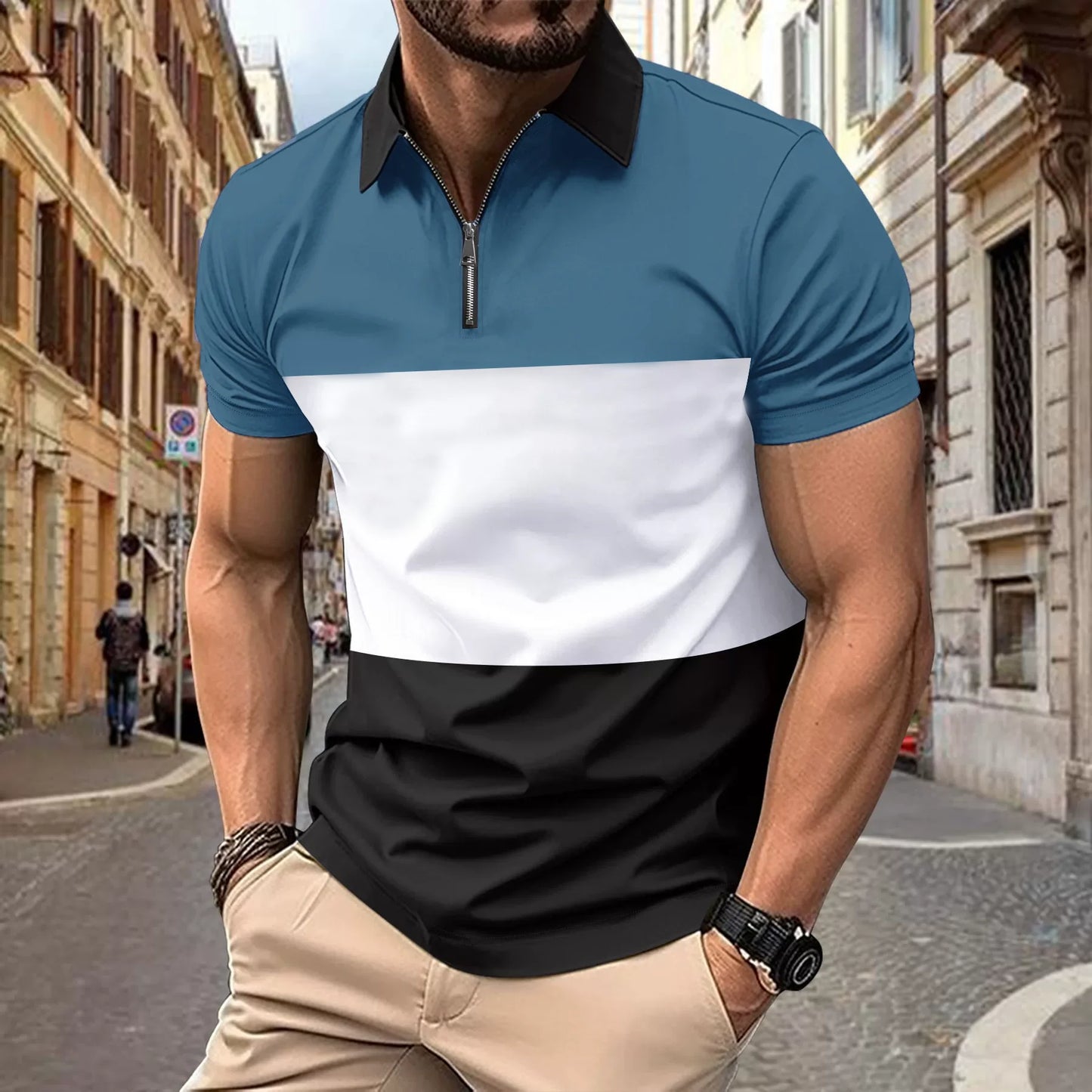 Summer Men Clothes Short Sleeve Spell Color Zipper Polo Shirt Men Casual Lapel Golf Polo Shirt Elasticity Comfortable Tops