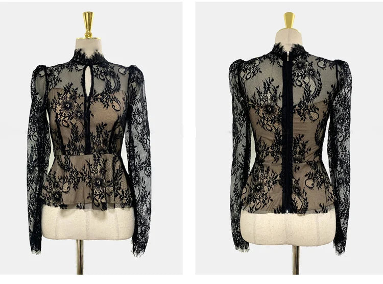 Spring Professional Woman Lace 2 Pieces Set Simple Tops + Vintage High Waist Mermaid Skirt Korean Skirts Suits
