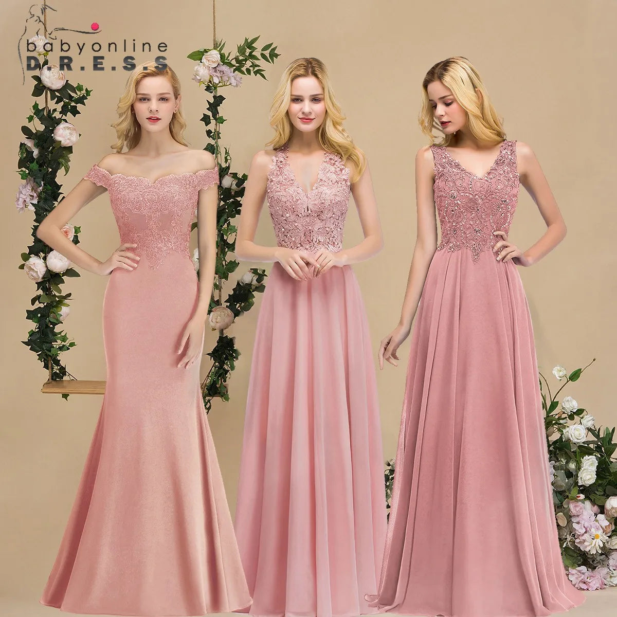 BABYONLINE Halter Neckline Lace Pearls Bodice Bridesmaid Dress Long Floor-length Skirt Chiffon Sexy Open Back Wedding Clothes