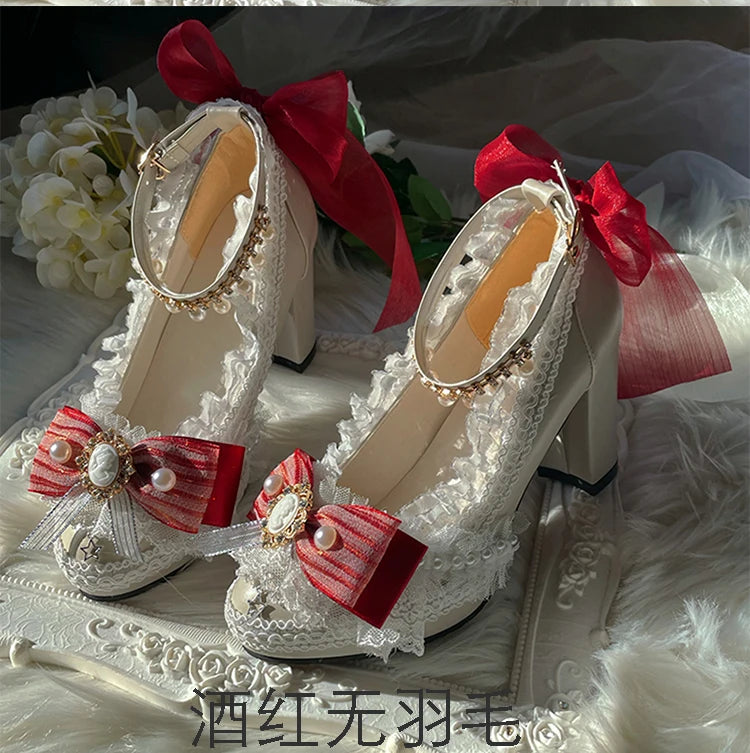 Original Handmade Lolita High Heels Heavy Industry Feather Stitching Pearl Bow Lace Platform Shoes Round Head Princess Heels