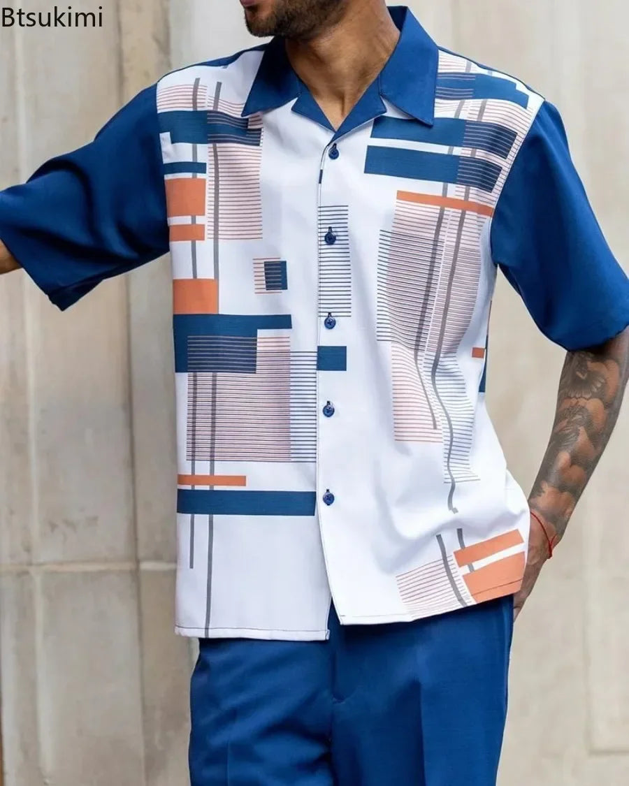 2025 Trend Print Men's Tops+Trousers Sets Spring Summer New Party Sport Casual Suits Shirts Pants 2-Piece Fashion Men's Clothing