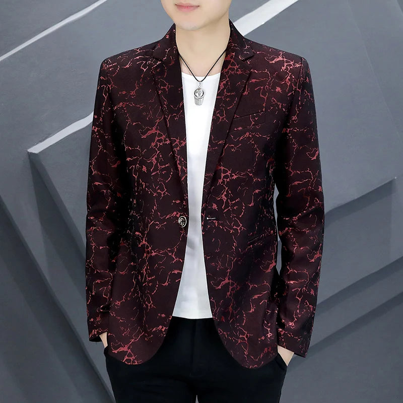 The Main Push Burst Casual Small Suit Trend Pattern Personality Coat Spring and Summer Coat Comfortable Handsome Men's Clothing