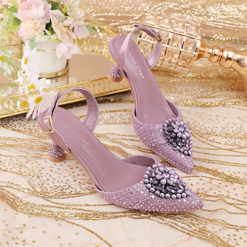 Luxury Elegant High Heels Royal Blue Color Diamond Embellished Pointed Toe Women's Shoes for Wedding Party Casual 2025 Style