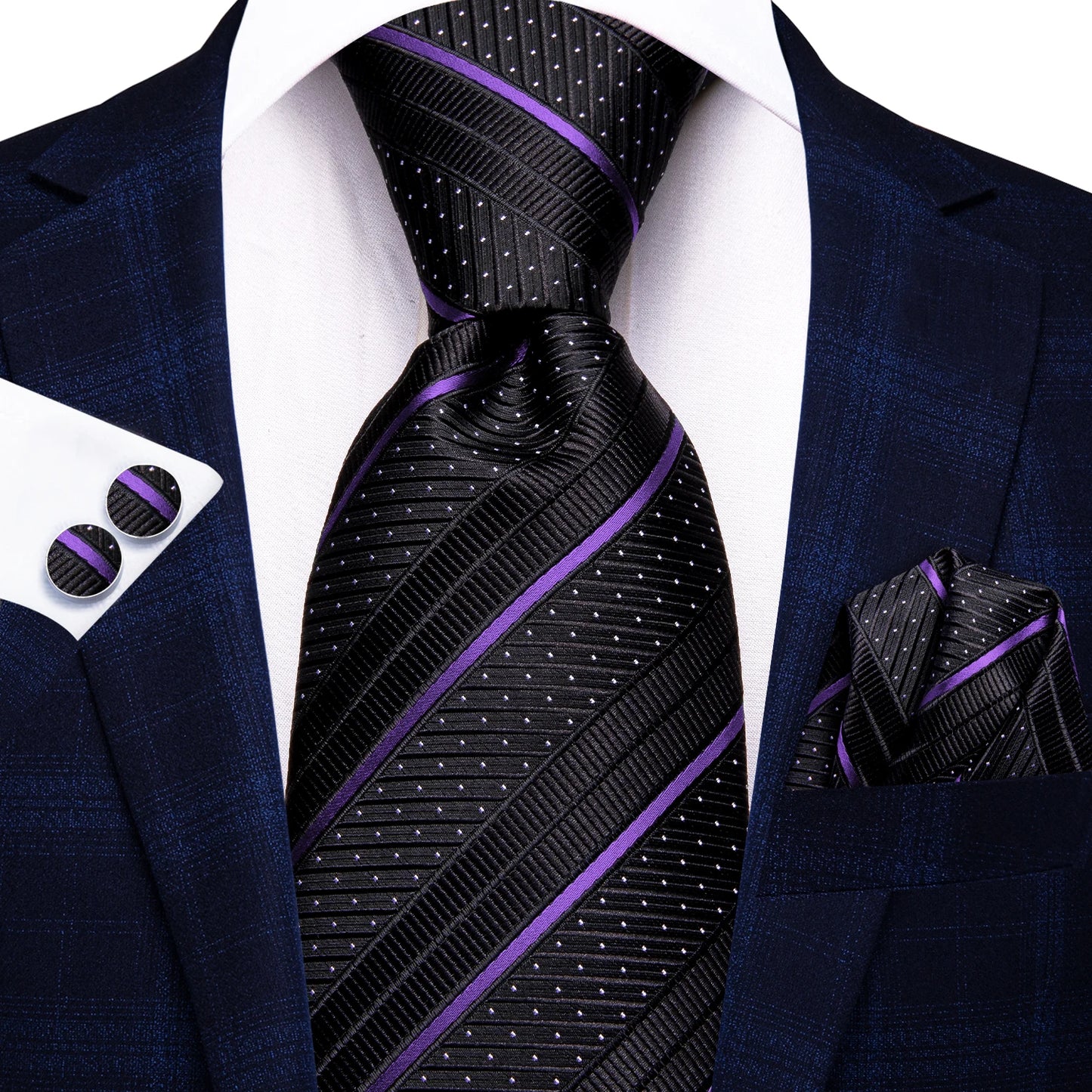 Hi-Tie Striped Black Purple Red Green Men Elegant Necktie Hanky Cufflinks for Tuxedo Fashion Classic Silk Luxury Tie for Man