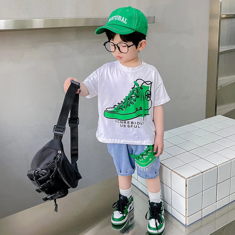 2849 Boys Summer Suit 2023 New Children's Summer Cool Handsome Short Sleeve Baby Boy Thin Fashionable Clothes