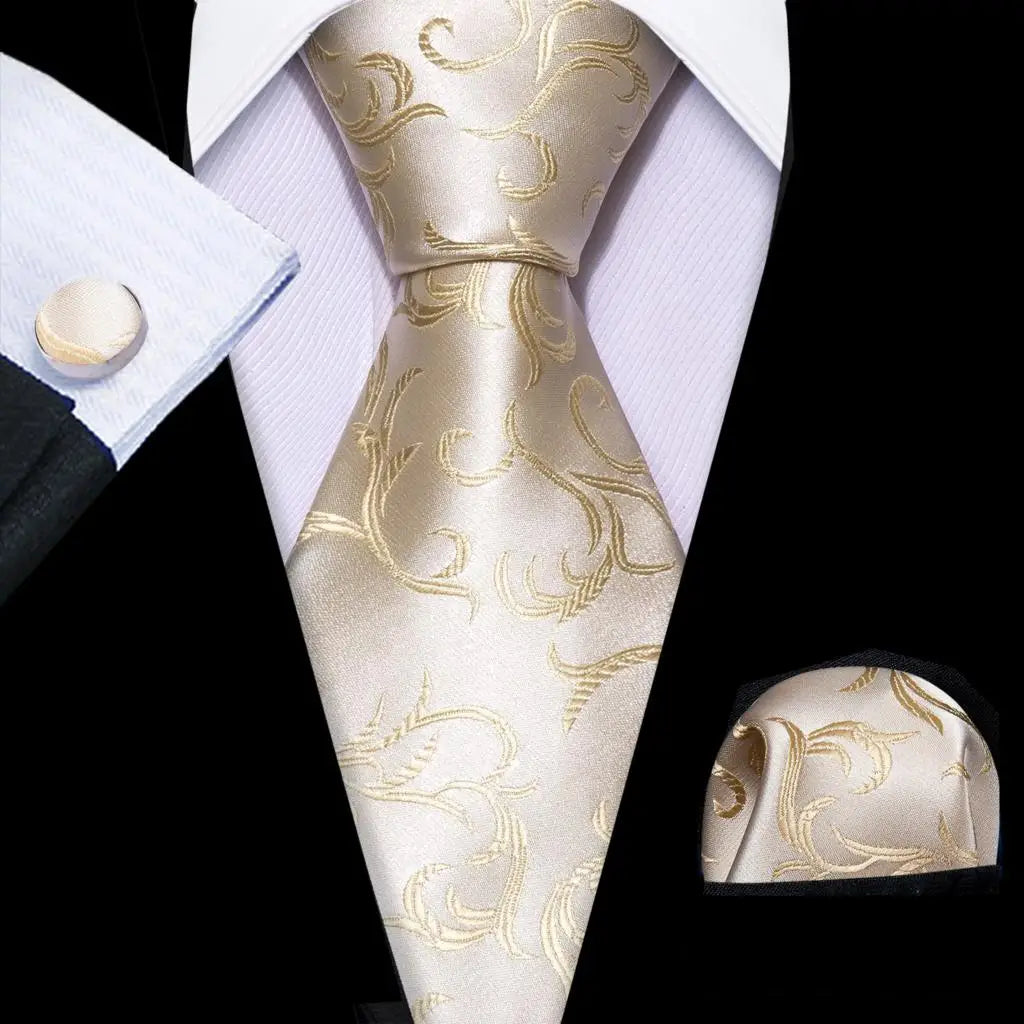 Barry.Wang Gold Beige Yellow Brown Tulip Silk Men Tie Handkerchief Cufflink Set Jacquard Necktie for Male Wedding Business Party
