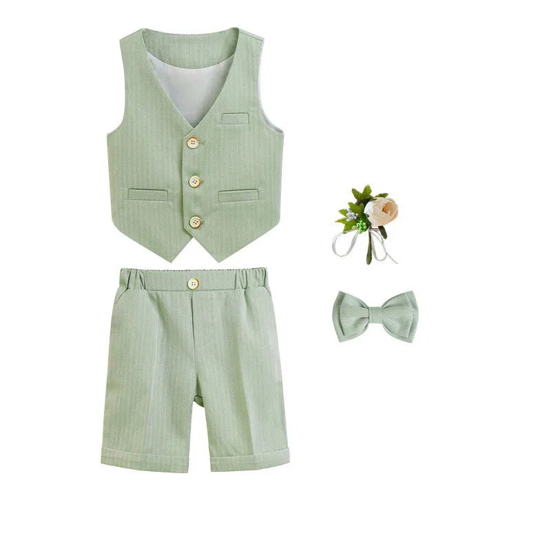 Boys Summer Vest Dress 3Pieces/Set Vest Shorts Bowtie Photograph Suit School Performance Clothing Set Children Wedding Custome