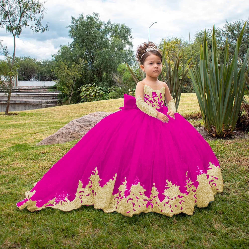 Gold Lace Appliqué Flower Girl Dresses For Wedding Full Sleeves Princess First Communion Dress Toddlers Long Birthday Party Gown