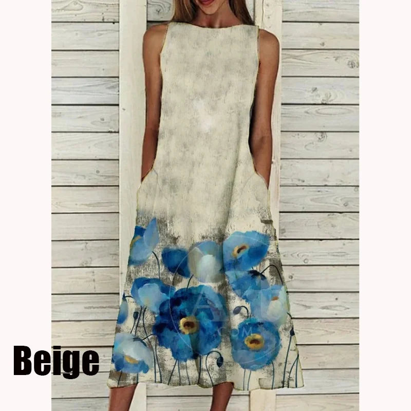 2023 Summer Women Clothing Fashion Elegant Sleeveless Print A-Line Dress Round Neck Casual Party Dresses Girls Sweet Dress