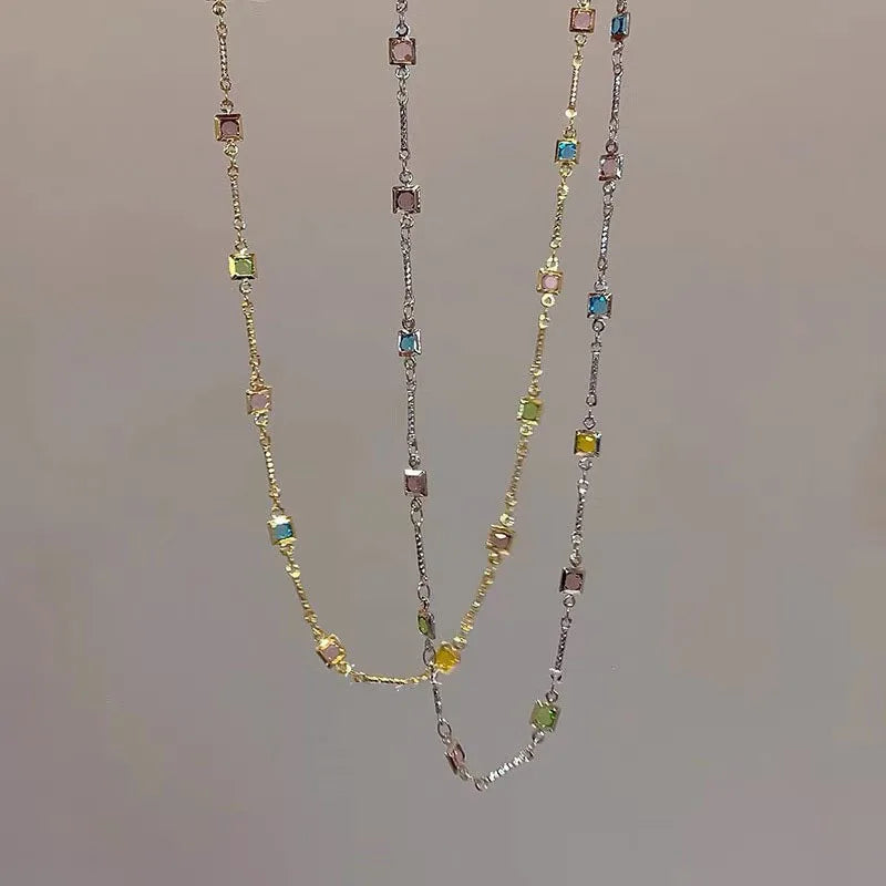 Hot Sale Colorful Square Rhinestone Necklace Fashion Exquisite Light Luxury Zircon Clavicle Chain Female Wedding Jewelry Gifts
