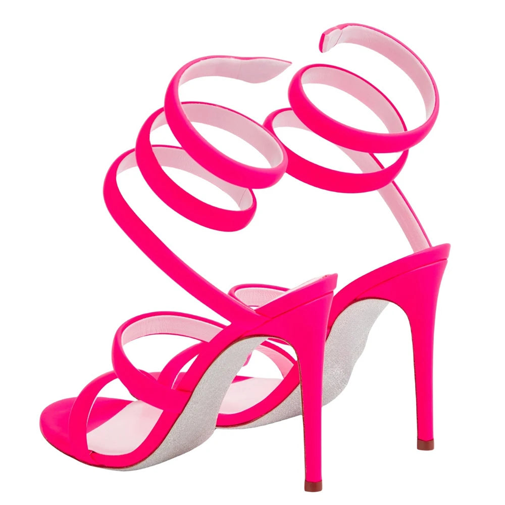 Summer new round toe silk ribbon snake-shaped wrapped sexy sandals thin high-heeled banquet dress large size women's shoes