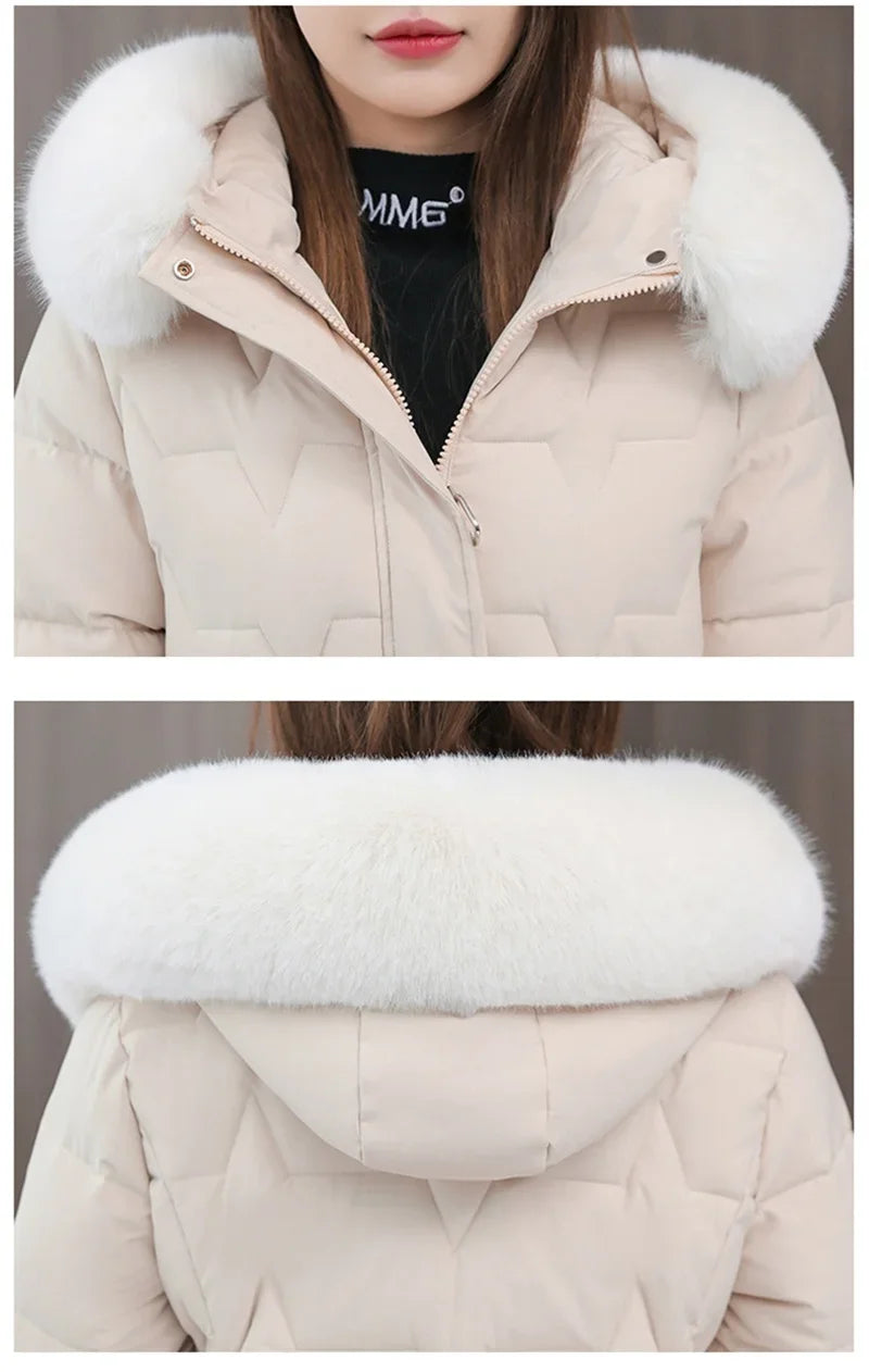 2025 New Winter Women Parka Fur Hooded Jackets Thicken Warm Cotton-padded Puffer Coat Casual Long Parkas Clothes Loose Outerwear