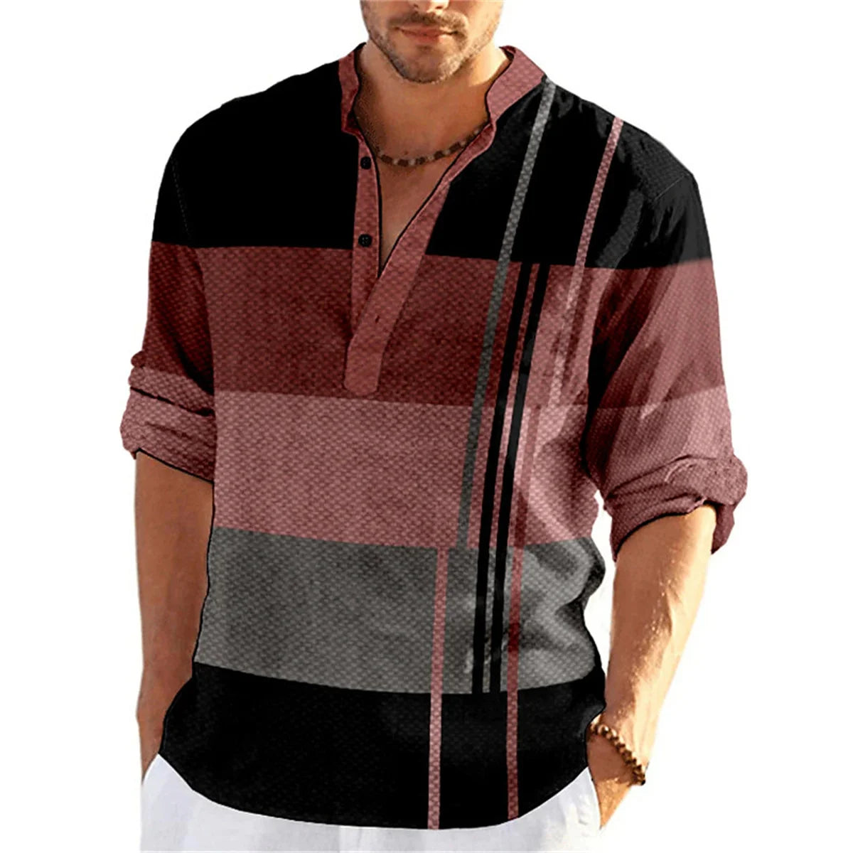 Tiki Spring Autumn Men's Shirt Button Stand Collar Print Gradual Change Business Slim Casual Long Sleeved Shirt Flash Sales