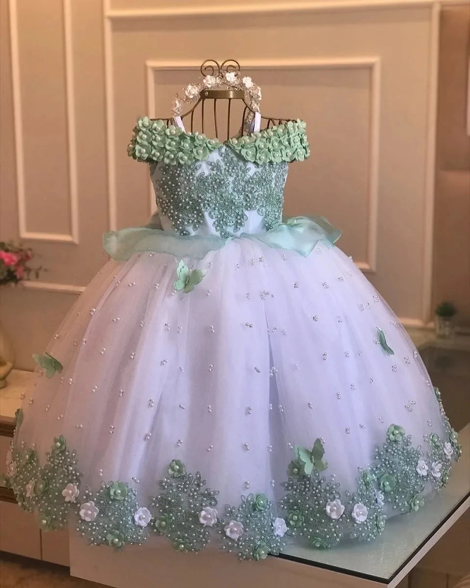 Luxury Baby Girl Birthday Dress Lace Pearls Infant Applique Dress Princess Flower Girl Dress Long Christmas Prom Ball Gown