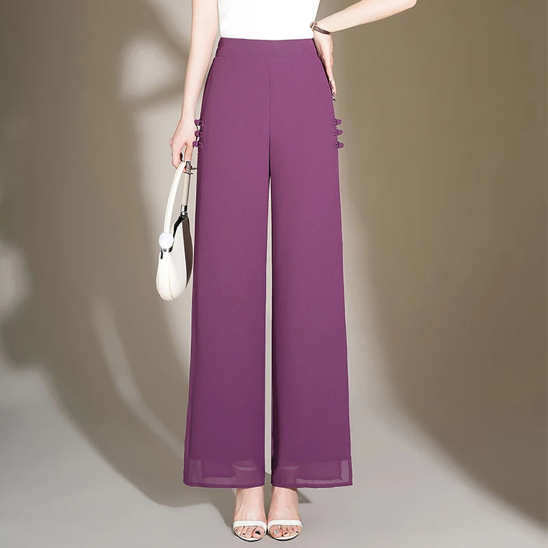 ZUZK Slit Chiffon Long Pants Summer Comfortable Elastic Waist Slim Double Layer Chiffon Pants Chic Droop Chinese Style Pants