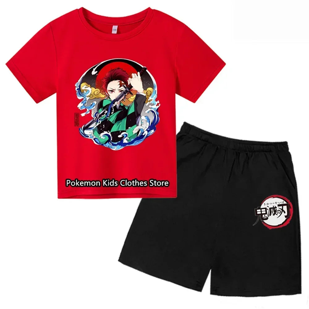Boys Girls Clothes Set Summer Cartoon Demon Slayer T shirt+Short Pants 2pcs Children Clothing Teen 1 2 3 4-14 Year Kids Suit