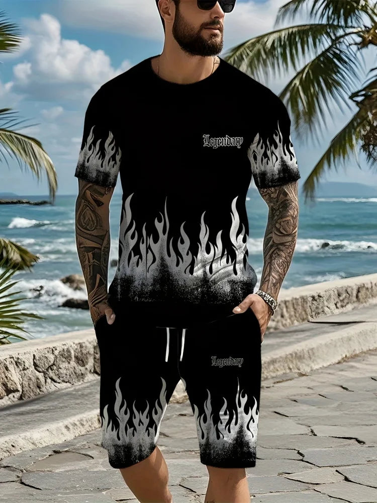 Men's Summer Short Sleeve Set Hip Hop Cartoon Bear Print Short Sleeve Top Shorts Casual Two-piece Outdoor Urban Street Fashion