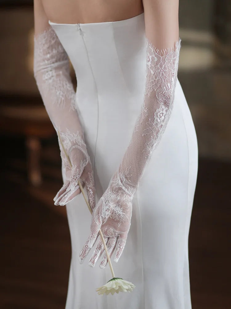Long Bridal Gloves Vintage Flower Pearls Wristband Wedding Glove For Women Girl Party Evening Dress Jewelry Bride Accessories