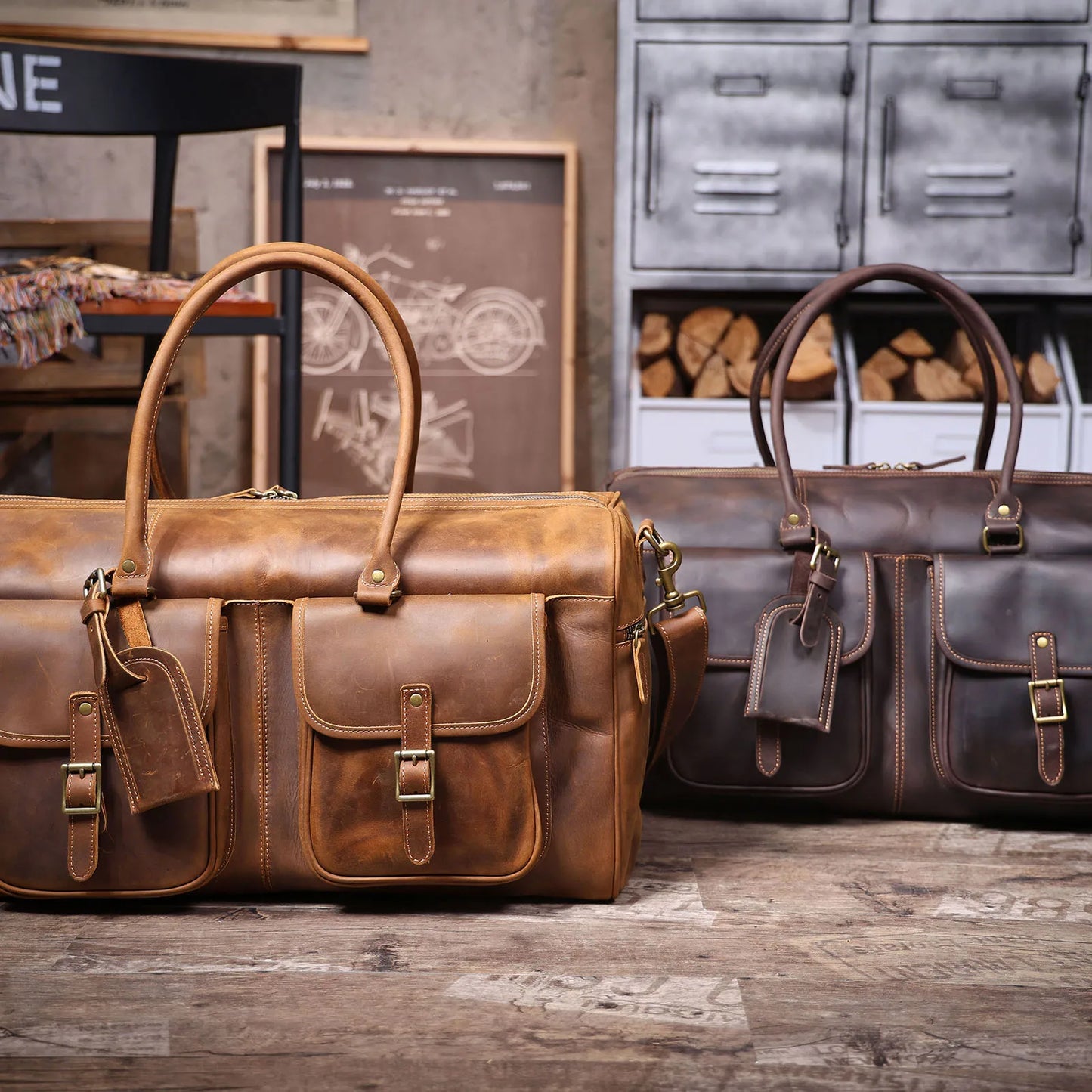 S.WORKER Vintage Genuine Leather Travel Bag Crazy-horse Cowhide Leather Duffel Bag Handicrafted Weekender Bag Gym Bag