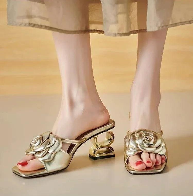 Women Shoes 2025 New Summer Big Size 34-42 Fashion Flowers Black Beige Gold Dress Party Wedding Female Sandals Shoes